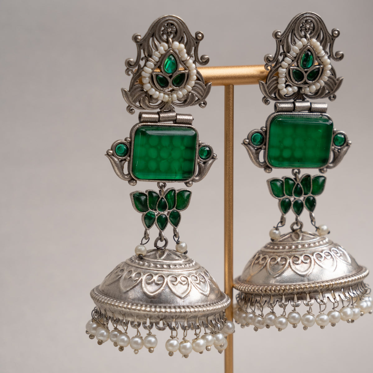 KASHVI BIJOUX PREMIUM FAUX SILVER RAW AND RUSTIC HANDMADE MONALISA STONE EARRINGS/JHUMKAS ER738