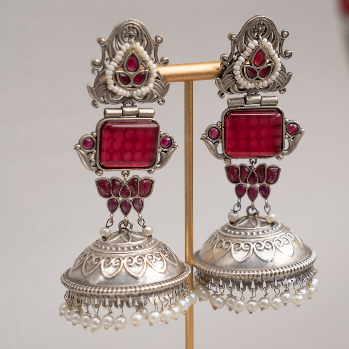 KASHVI BIJOUX PREMIUM FAUX SILVER RAW AND RUSTIC HANDMADE MONALISA STONE EARRINGS/JHUMKAS ER738