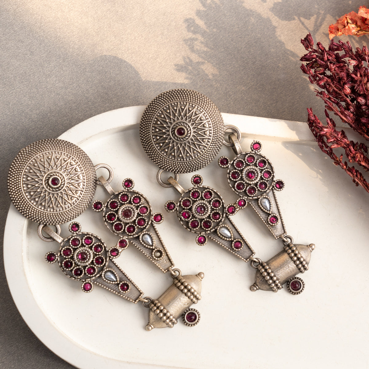 RICHANA FAUX SILVER SEMI HANDMADE DANGLERS EARRINGS ER678