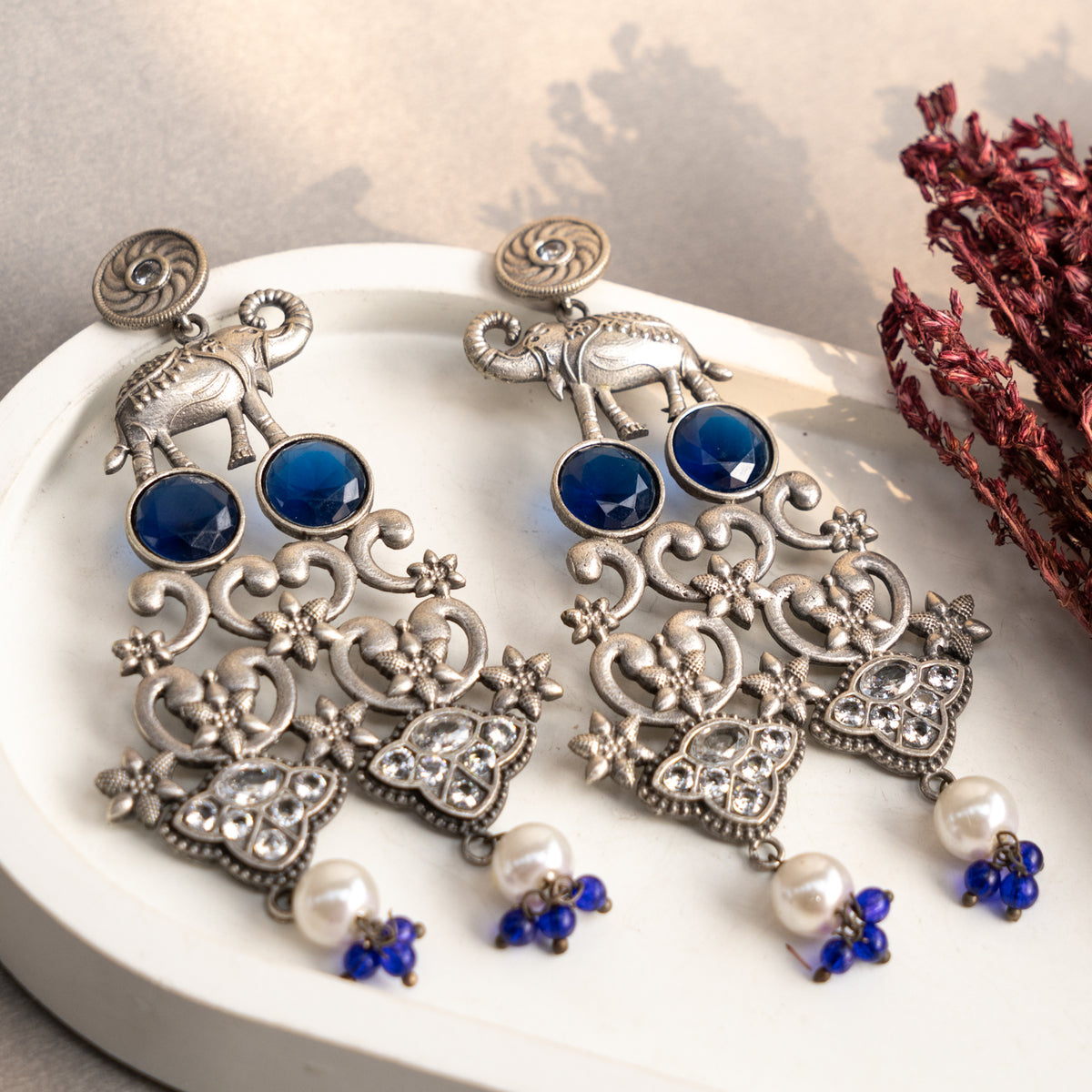 NIRA FAUX SILVER SEMI HANDMAD DANGLAR EARRINGS ER677