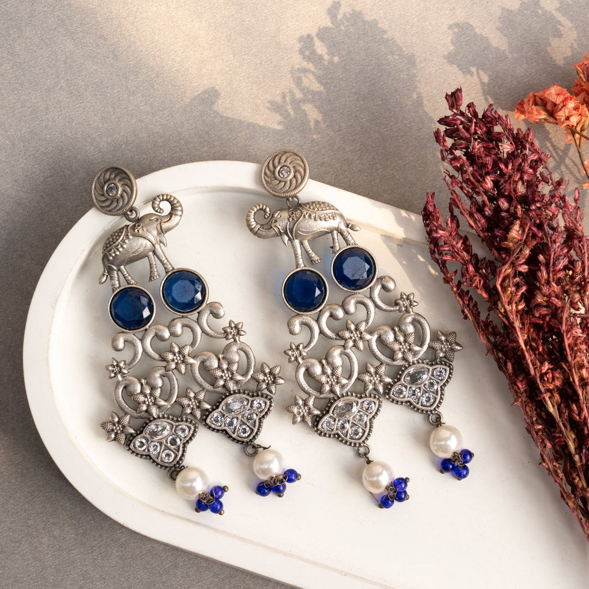 NIRA FAUX SILVER SEMI HANDMAD DANGLAR EARRINGS ER677