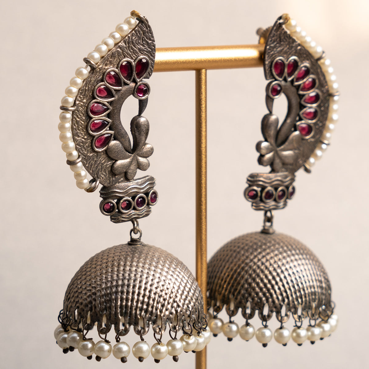 VIZHI FAUX SILVER SEMI HANDMADE JHUMKAS EARRINGS ER676