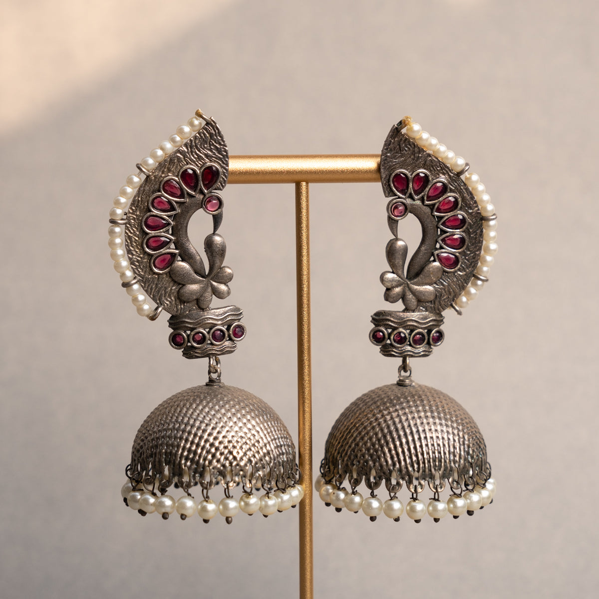 VIZHI FAUX SILVER SEMI HANDMADE JHUMKAS EARRINGS ER676