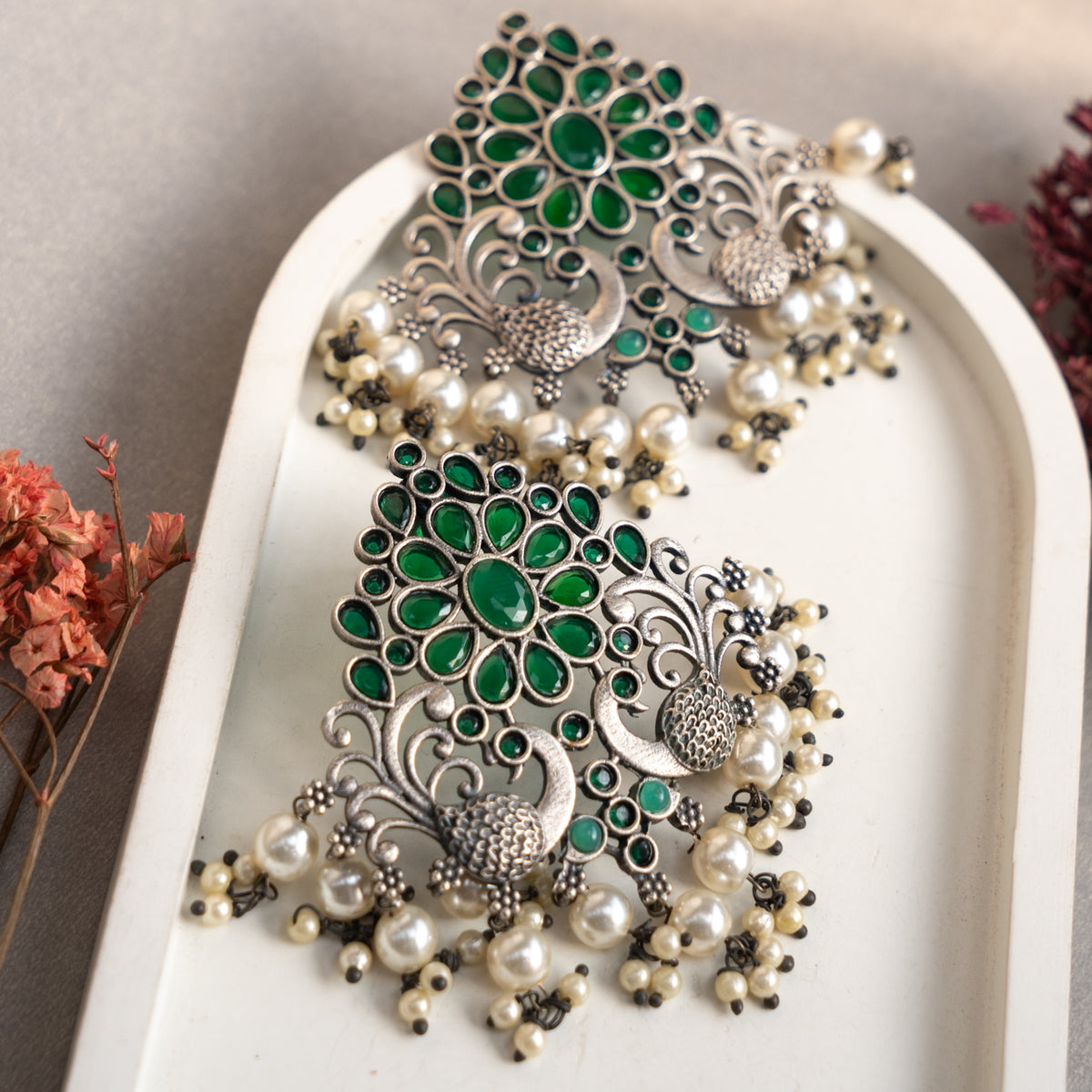 FLORAL FANTASY ANTIQUE SILVER LOOK ALIKE SEMI-HANDMADE EARRINGS ER53