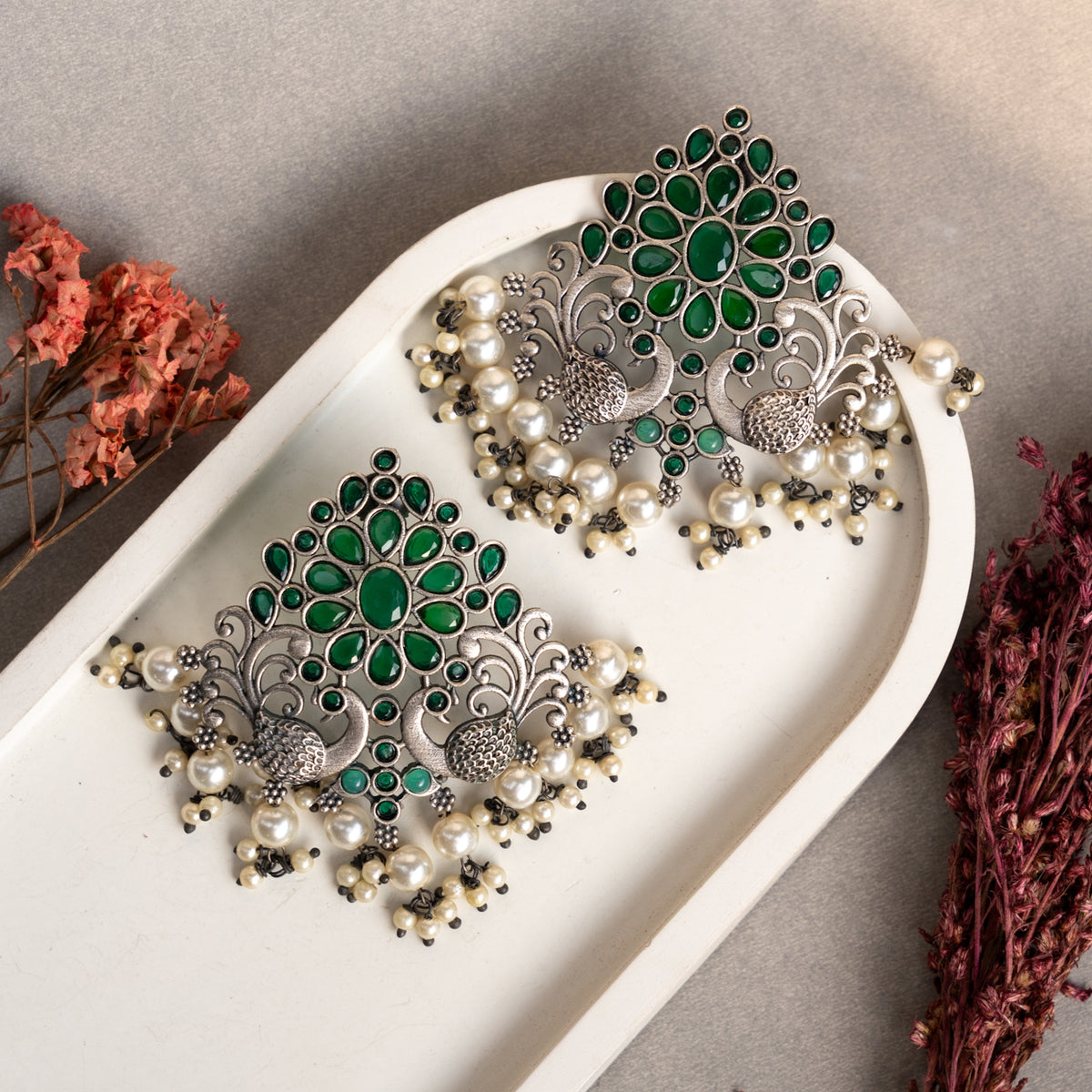 FLORAL FANTASY ANTIQUE SILVER LOOK ALIKE SEMI-HANDMADE EARRINGS ER53