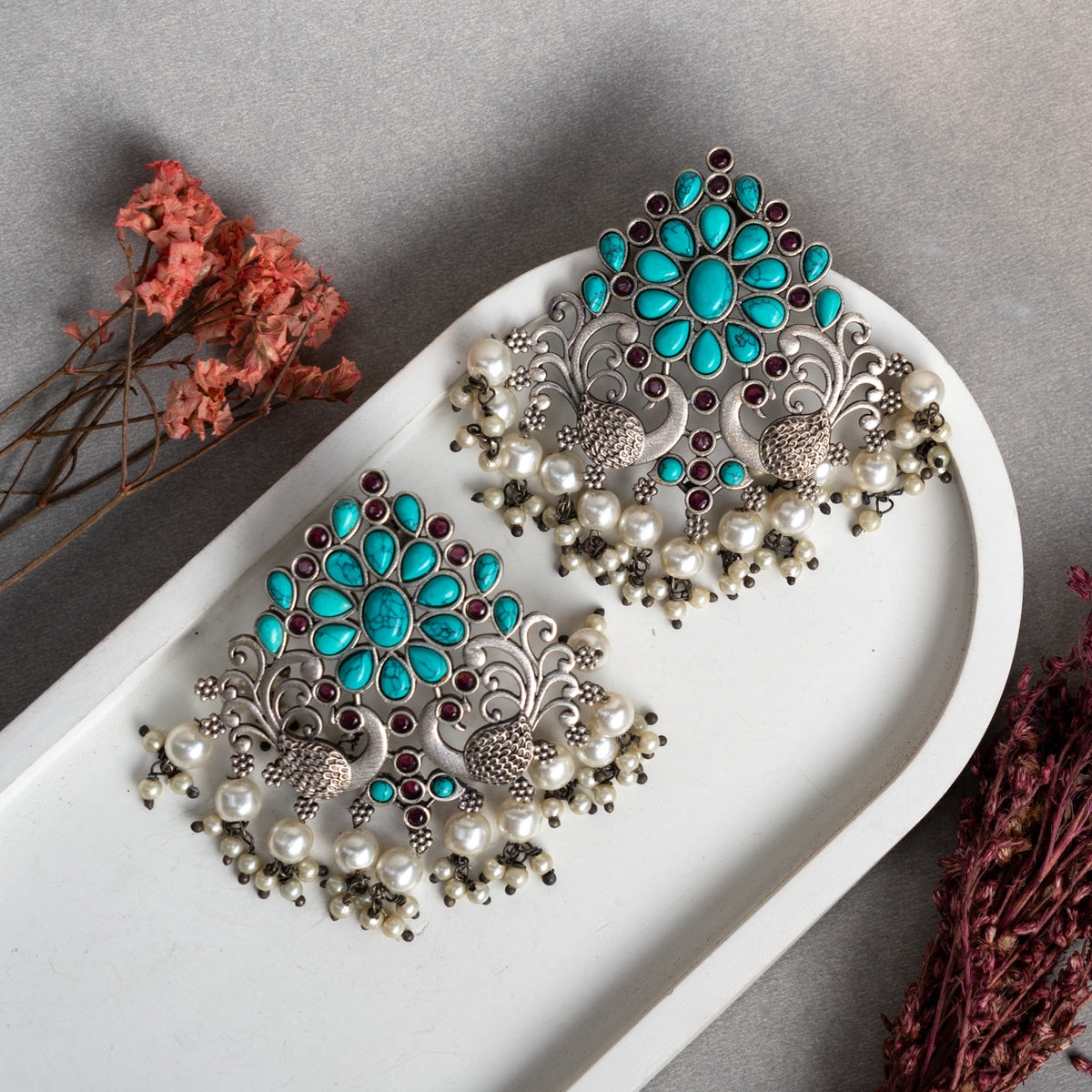 FLORAL FANTASY ANTIQUE SILVER LOOK ALIKE SEMI-HANDMADE EARRINGS ER53