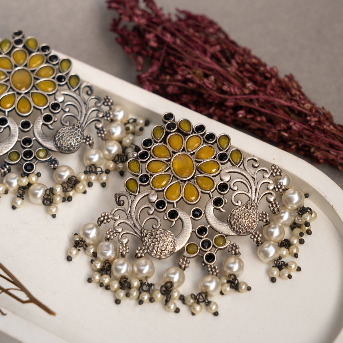 FLORAL FANTASY ANTIQUE SILVER LOOK ALIKE SEMI-HANDMADE EARRINGS ER53