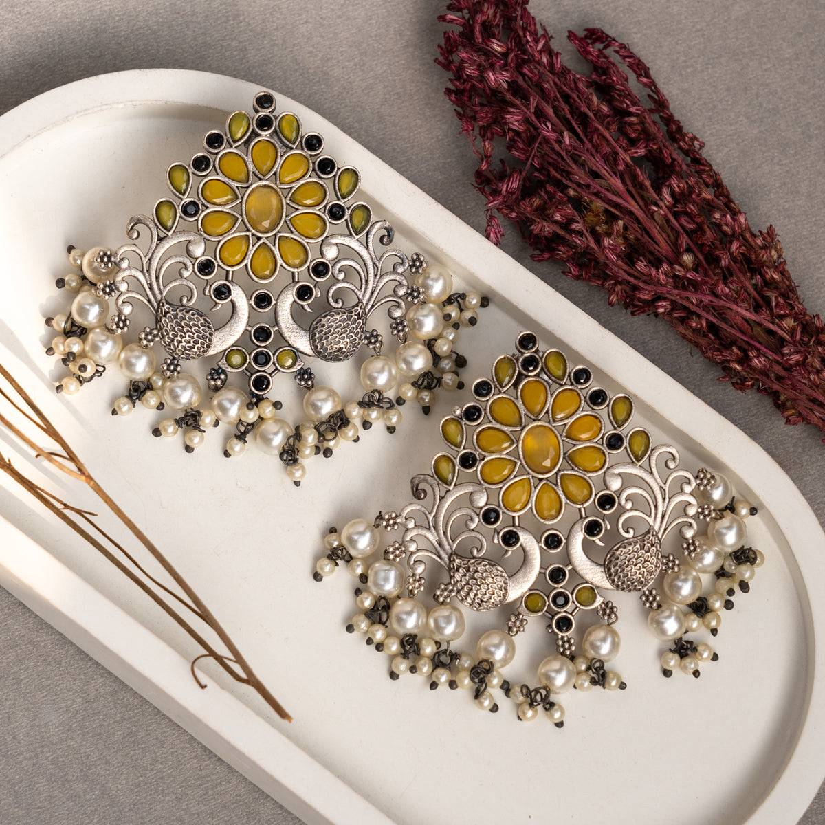 FLORAL FANTASY ANTIQUE SILVER LOOK ALIKE SEMI-HANDMADE EARRINGS ER53