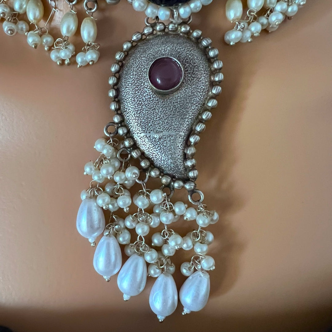 RELATA SILVER LOOK ALIKE SEMI HANDMADE RUSTIC CHOKER WITH EARRINGS CH311