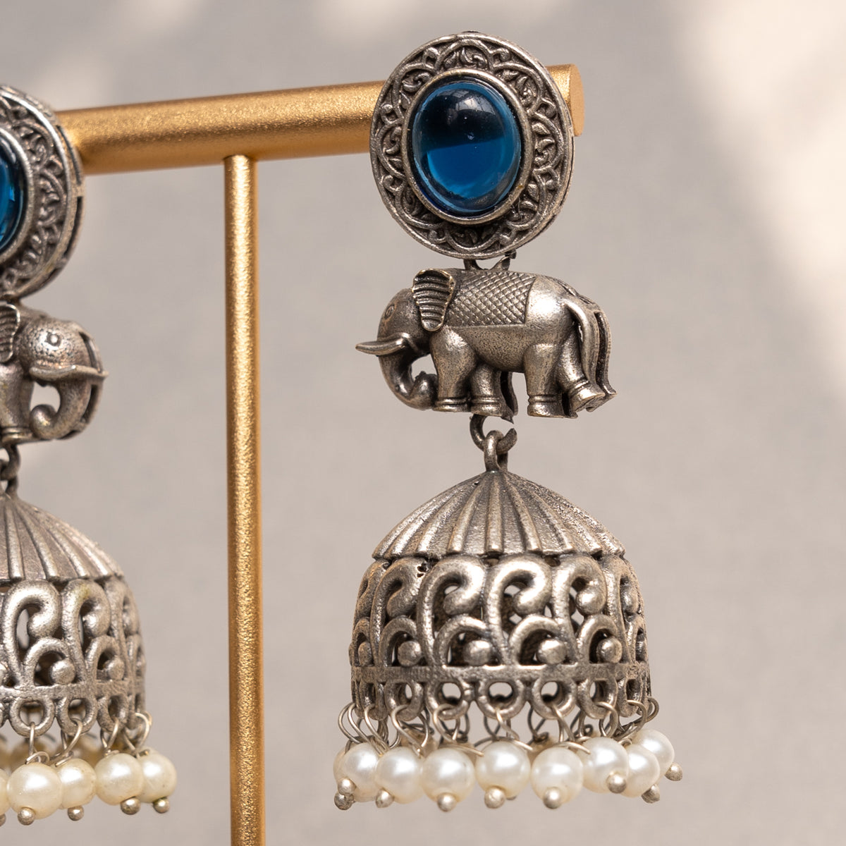 AURELIA FAUX SILVER ANTIQUE SEMI HANDMADE MONALISA STONE EARRINGS/JHUMKAS ER774