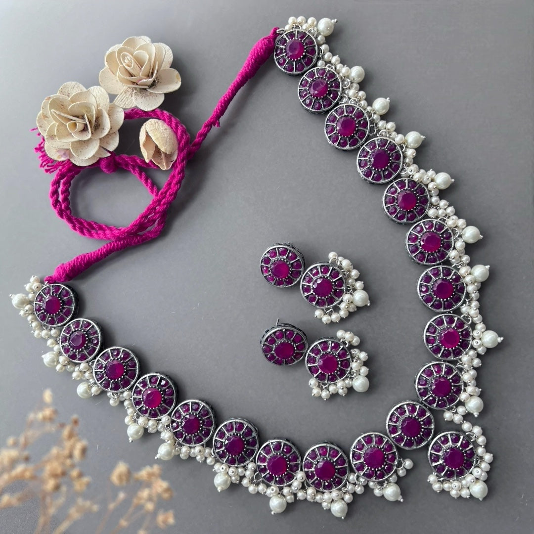 VINAYA FAUX SILVER BIJOUX PREMIUM AND EXCLUSIVE SEMI HANDMADE NECKLACE WITH EARRINGS NL136