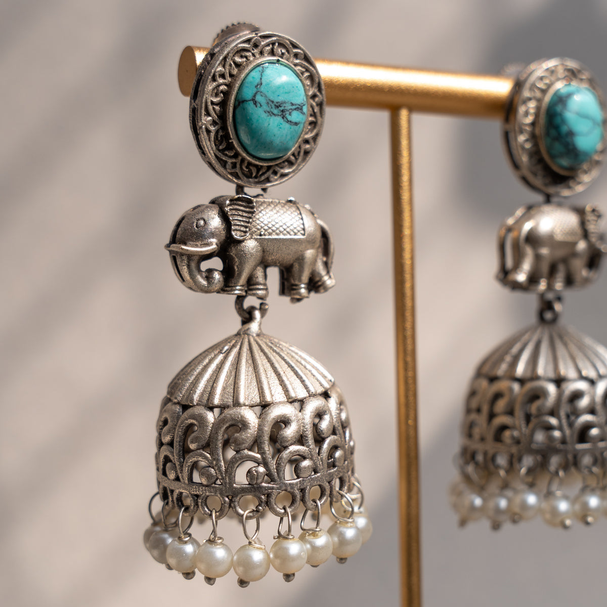 AURELIA FAUX SILVER ANTIQUE SEMI HANDMADE MONALISA STONE EARRINGS/JHUMKAS ER774