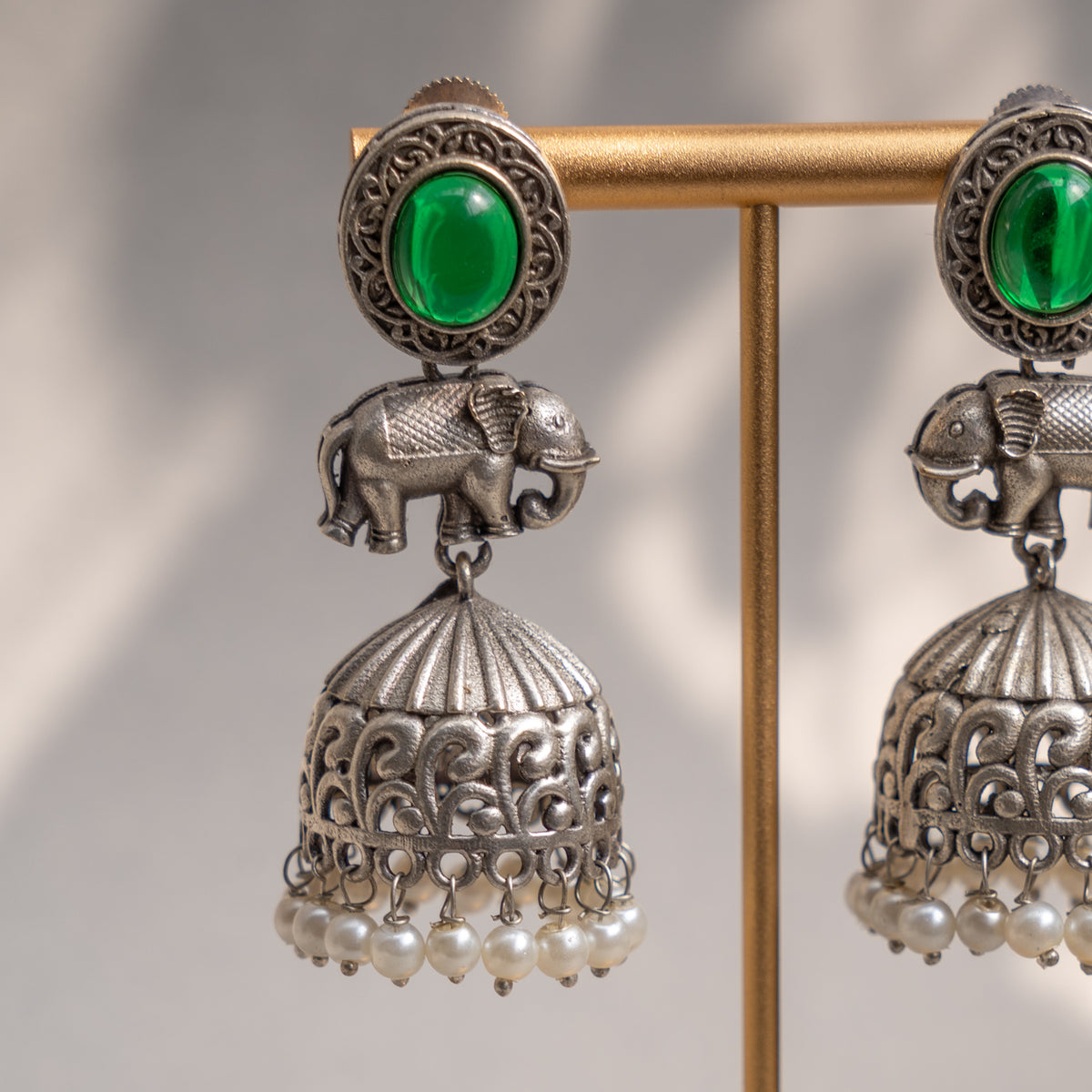 AURELIA FAUX SILVER ANTIQUE SEMI HANDMADE MONALISA STONE EARRINGS/JHUMKAS ER774