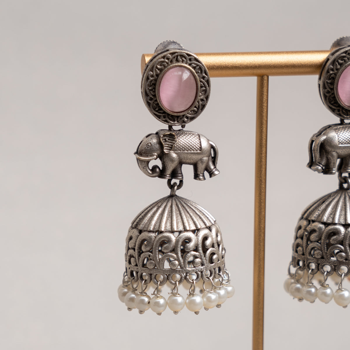 AURELIA FAUX SILVER ANTIQUE SEMI HANDMADE MONALISA STONE EARRINGS/JHUMKAS ER774