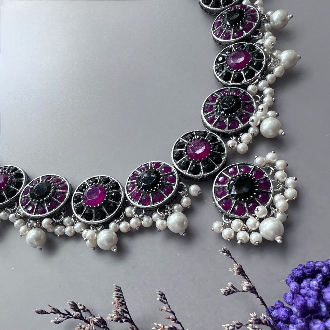 VINAYA FAUX SILVER BIJOUX PREMIUM AND EXCLUSIVE SEMI HANDMADE NECKLACE WITH EARRINGS NL136