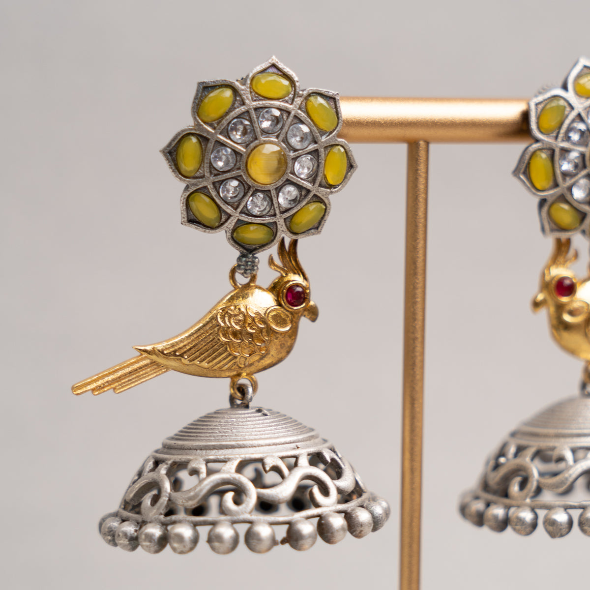 GREEN PARROT FAUX SILVER RAW AND RUSTIC MONALISA STONE JHUMKAS/EARRINGS ER688