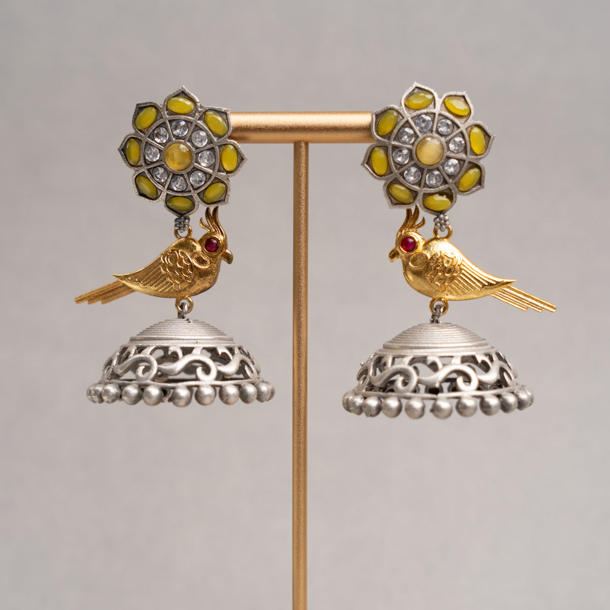 GREEN PARROT FAUX SILVER RAW AND RUSTIC MONALISA STONE JHUMKAS/EARRINGS ER688