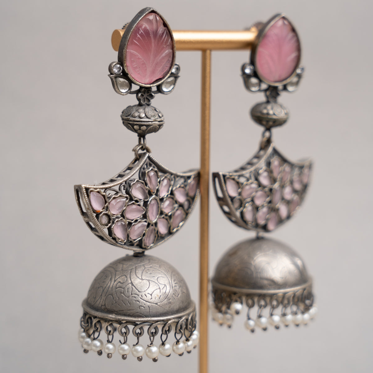 AALIA FAUX SILVER SEMI HANDMADE RAW AND RUSTIC CARVING STONE EARRINGS/JHUMKAS ER732