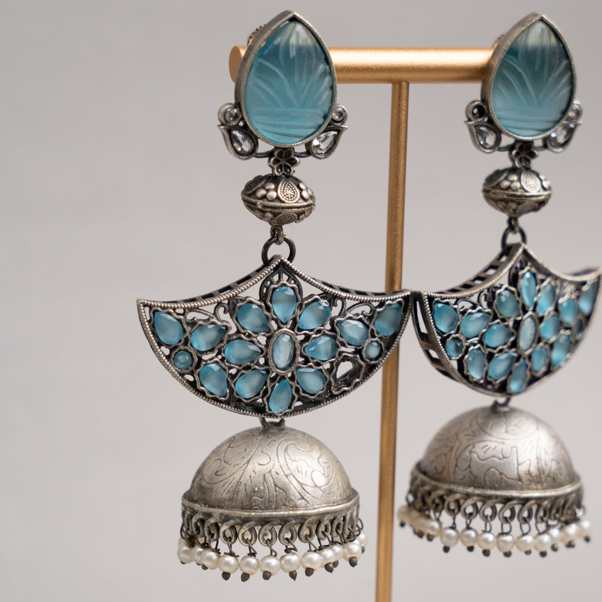 AALIA FAUX SILVER SEMI HANDMADE RAW AND RUSTIC CARVING STONE EARRINGS/JHUMKAS ER732