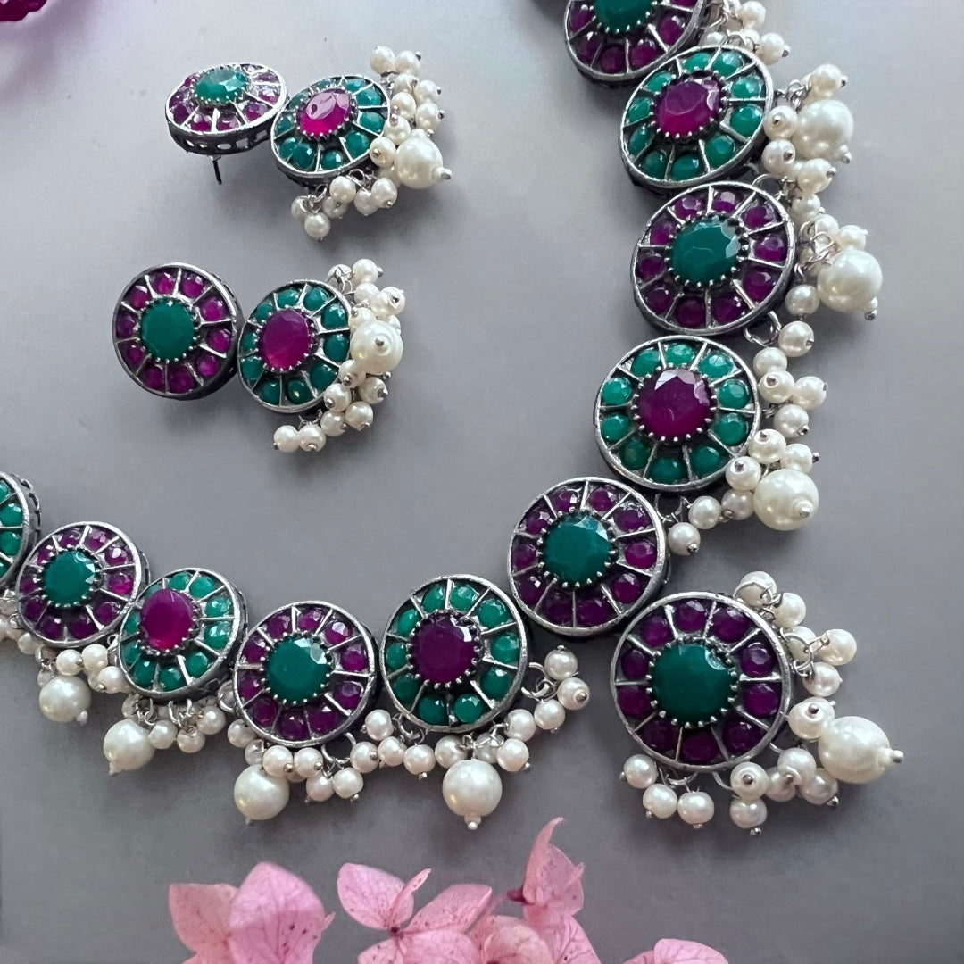 VINAYA FAUX SILVER BIJOUX PREMIUM AND EXCLUSIVE SEMI HANDMADE NECKLACE WITH EARRINGS NL136