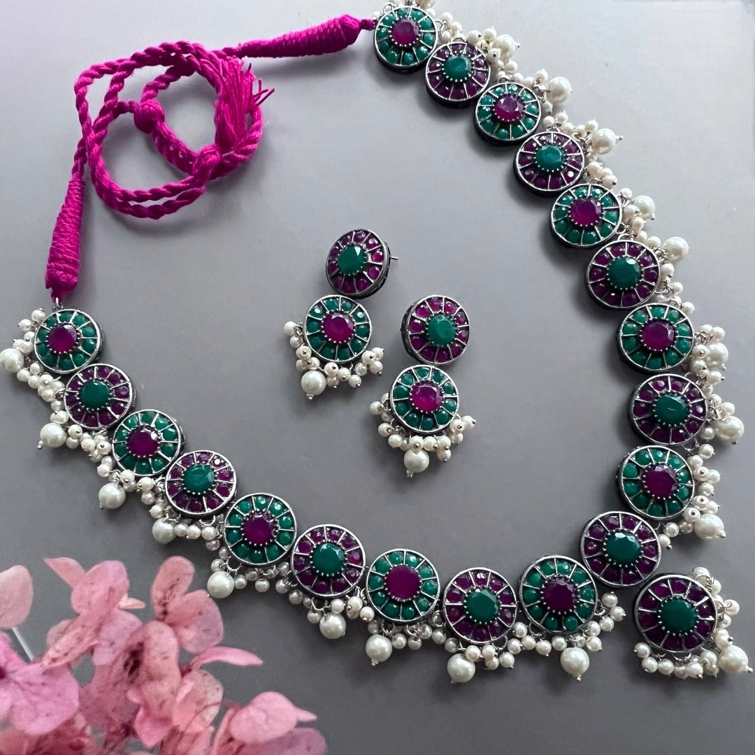 VINAYA FAUX SILVER BIJOUX PREMIUM AND EXCLUSIVE SEMI HANDMADE NECKLACE WITH EARRINGS NL136