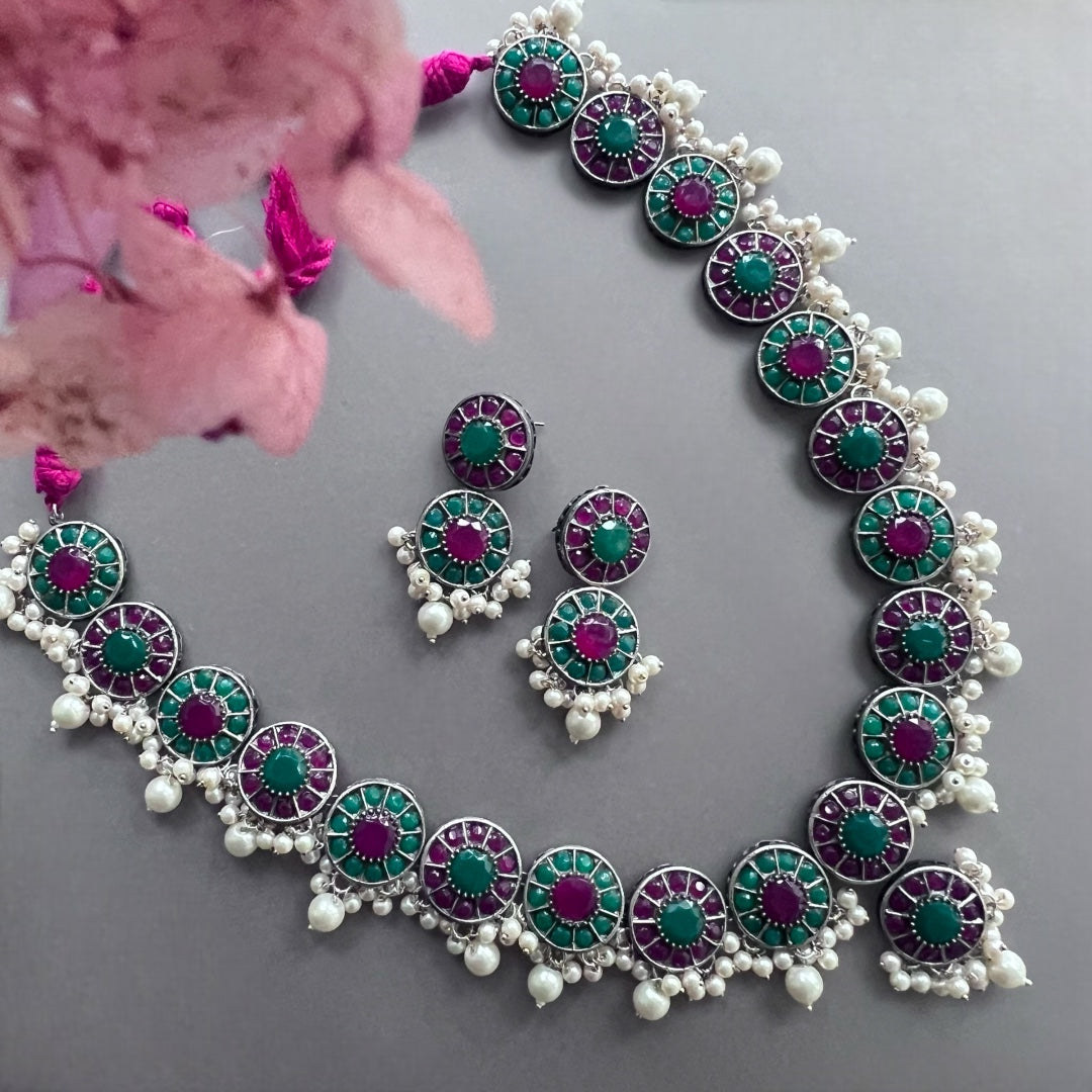 VINAYA FAUX SILVER BIJOUX PREMIUM AND EXCLUSIVE SEMI HANDMADE NECKLACE WITH EARRINGS NL136