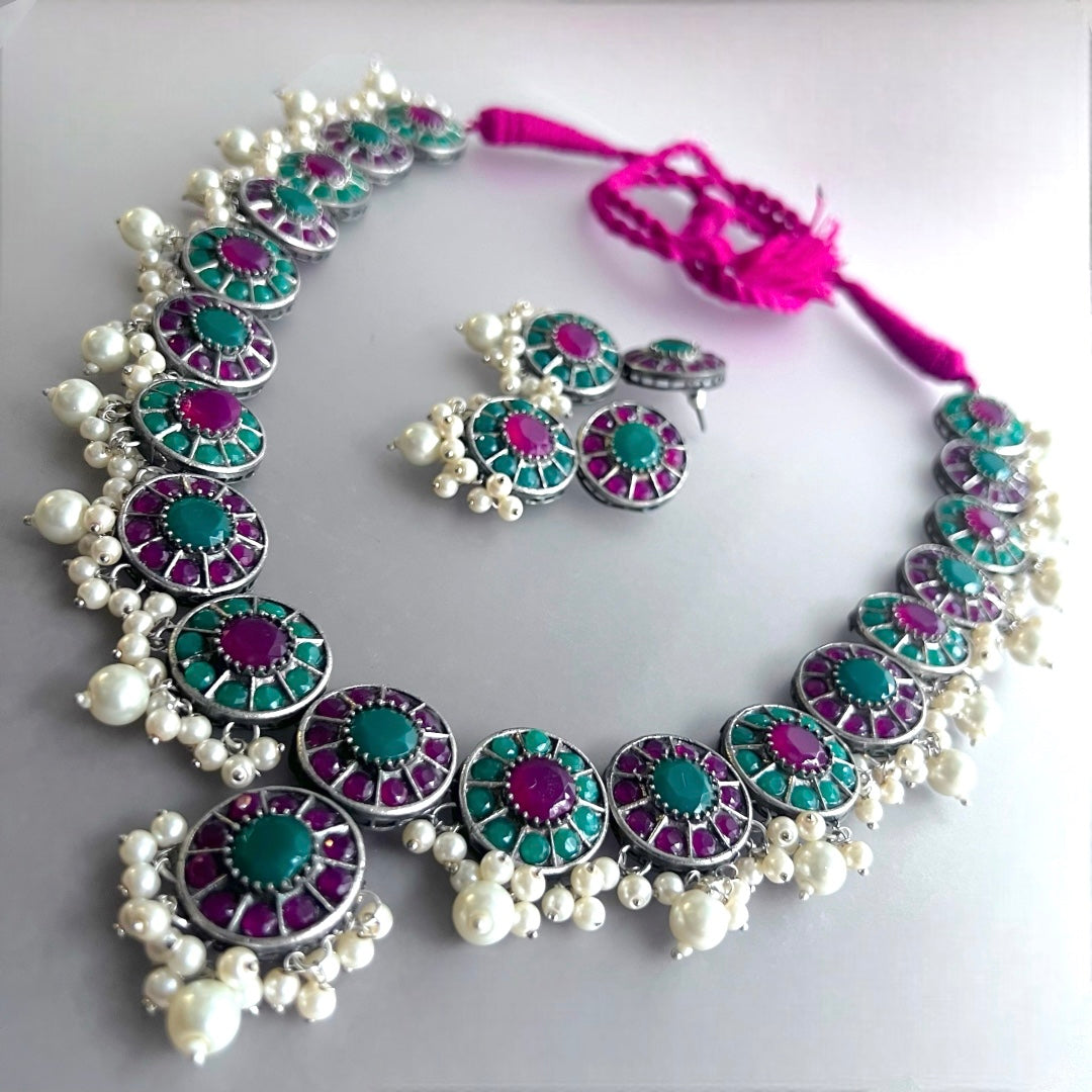 VINAYA FAUX SILVER BIJOUX PREMIUM AND EXCLUSIVE SEMI HANDMADE NECKLACE WITH EARRINGS NL136