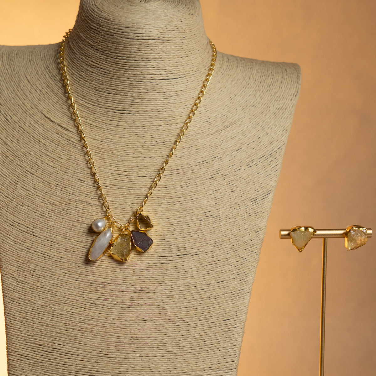 MAYA RAW AND POLISHED STONE HANDMADE NECKPIECE/NECKLACE WITH EARRING NL273