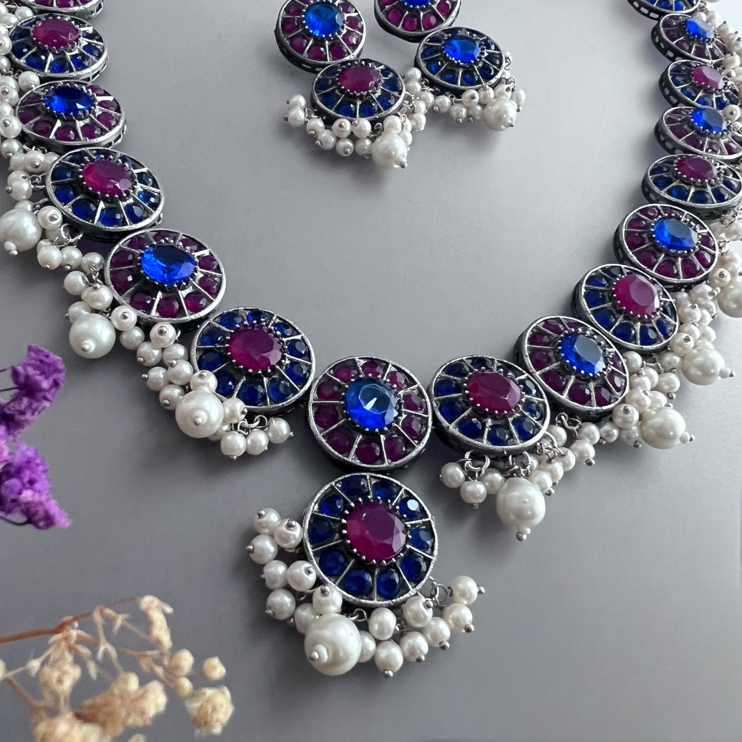 VINAYA FAUX SILVER BIJOUX PREMIUM AND EXCLUSIVE SEMI HANDMADE NECKLACE WITH EARRINGS NL136