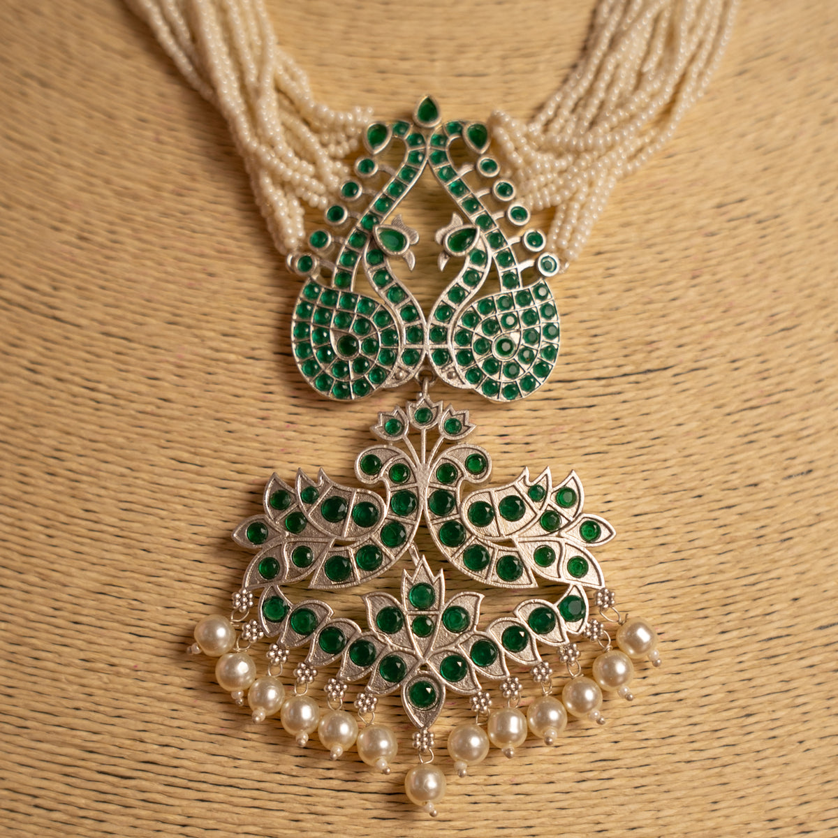 JADE FAUX SILVER SEMI HANDMADE ANTIQUE NECKPIECE/NECKLACE/HASLI WITH EARRING NL283