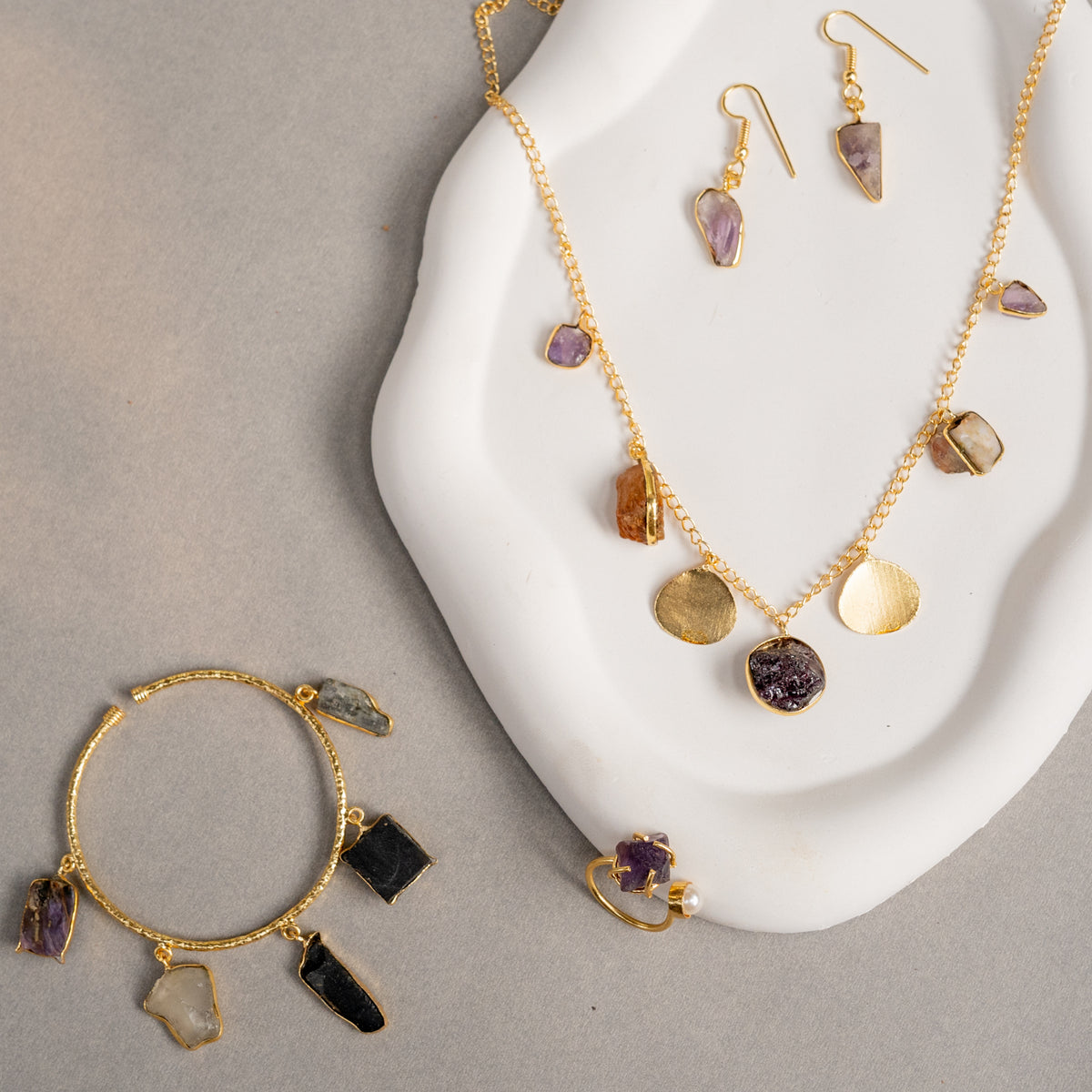 ZOEY GOLD TONED HANDMADE HAND HAMMERED NECKLAC EARRINGS BANGLE CUFF AND RING OF13