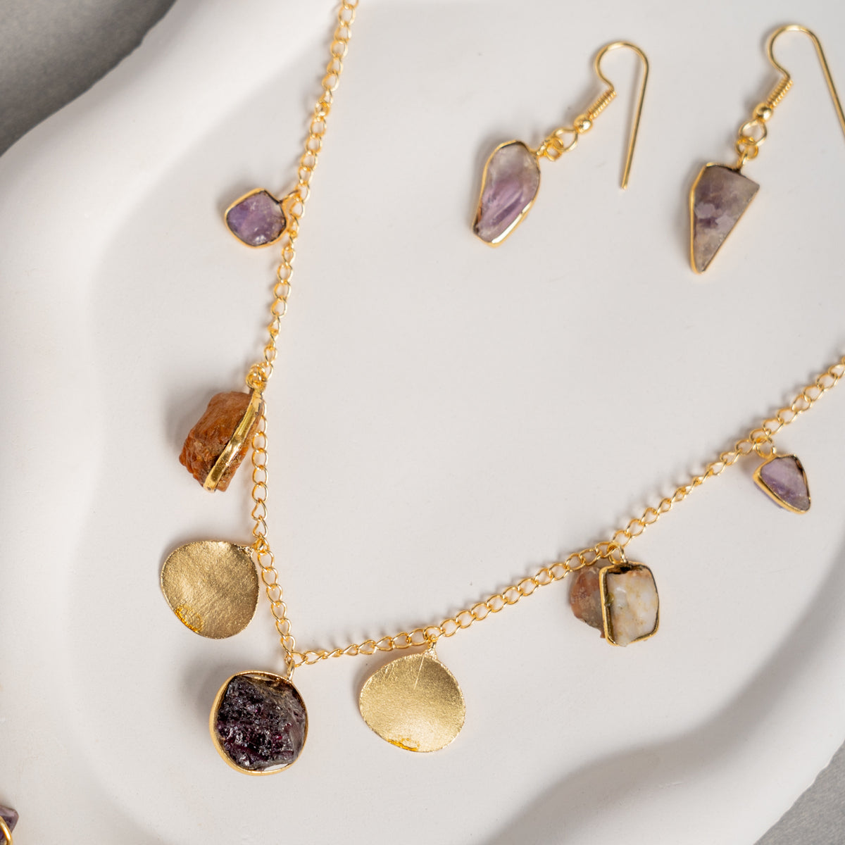 ZOEY GOLD TONED HANDMADE HAND HAMMERED NECKLAC EARRINGS BANGLE CUFF AND RING OF13