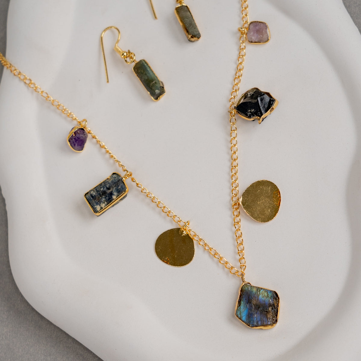 ZOEY GOLD TONED HANDMADE HAND HAMMERED NECKLAC EARRINGS BANGLE CUFF AND RING OF13