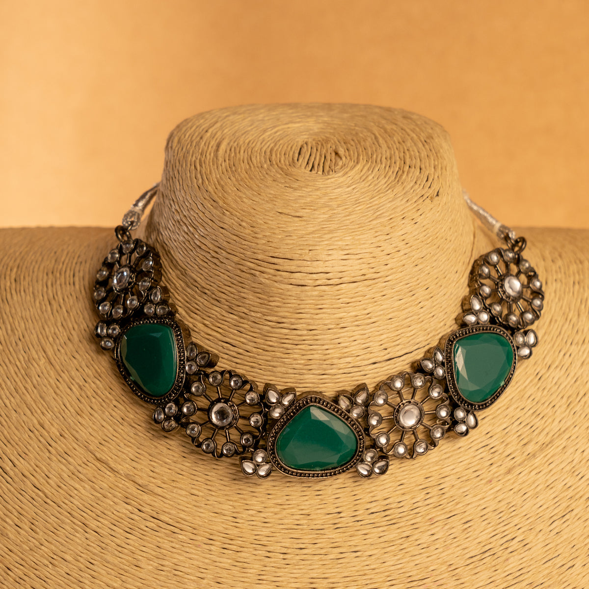 SARAH FAUX KUNDAN SEMI HANDMADE NECKLACE WITH EARRING AND TIKKA NL235