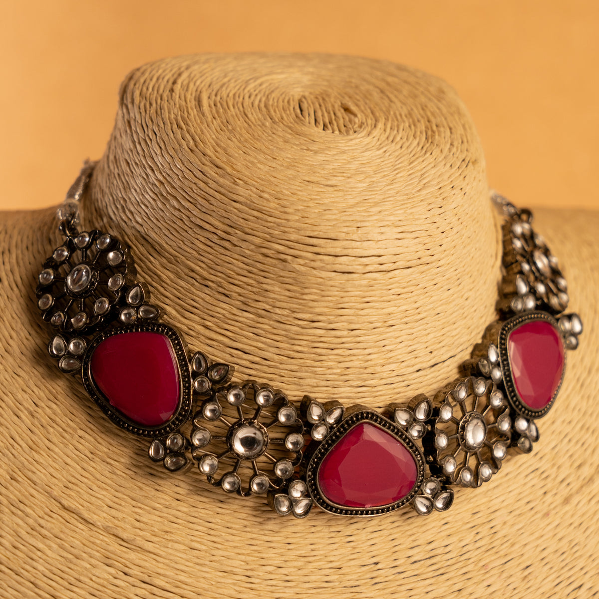 SARAH FAUX KUNDAN SEMI HANDMADE NECKLACE WITH EARRING AND TIKKA NL235