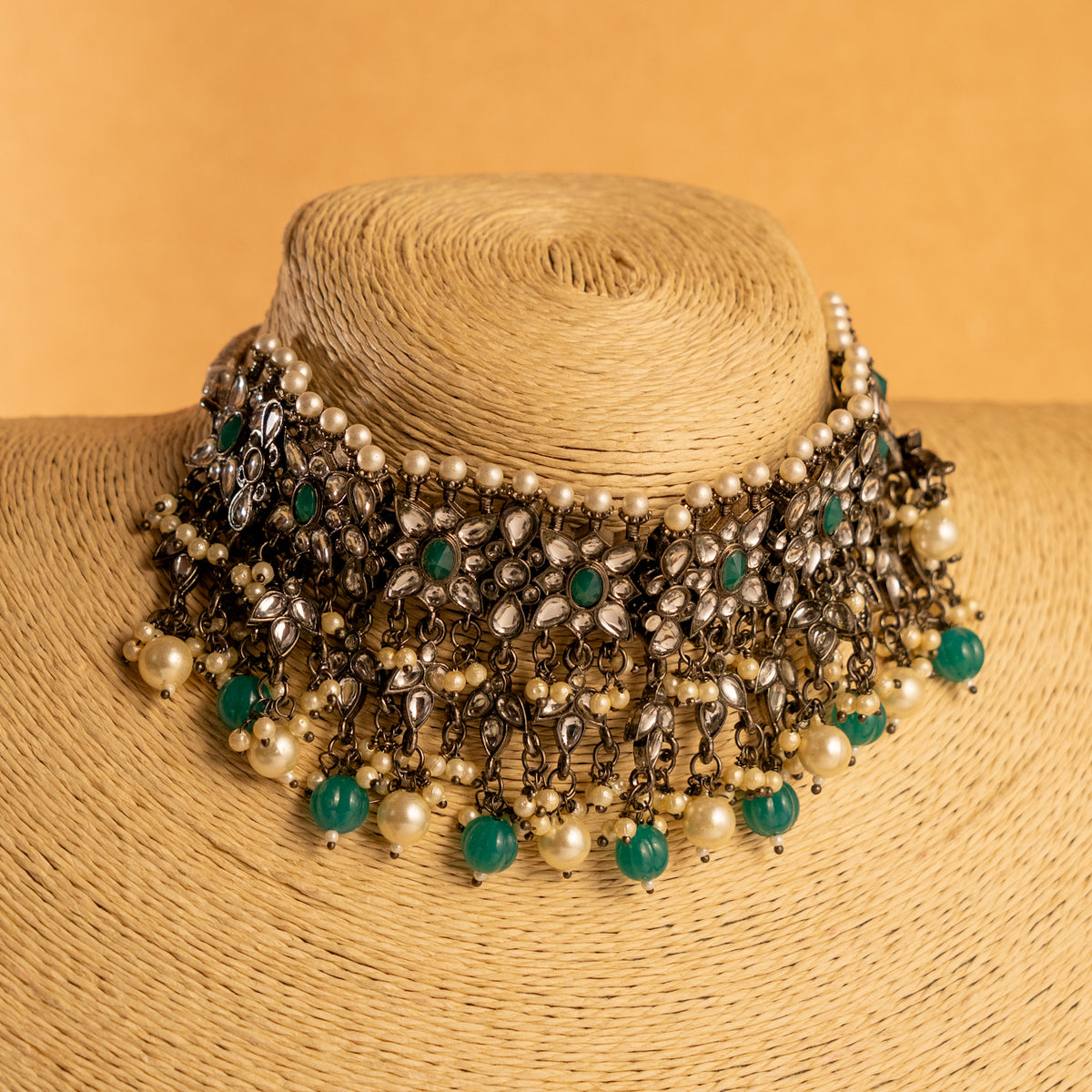 PRISMA FAUX KUNDAN NECKLACE SET WITH EARRING AND TIKKA NL234