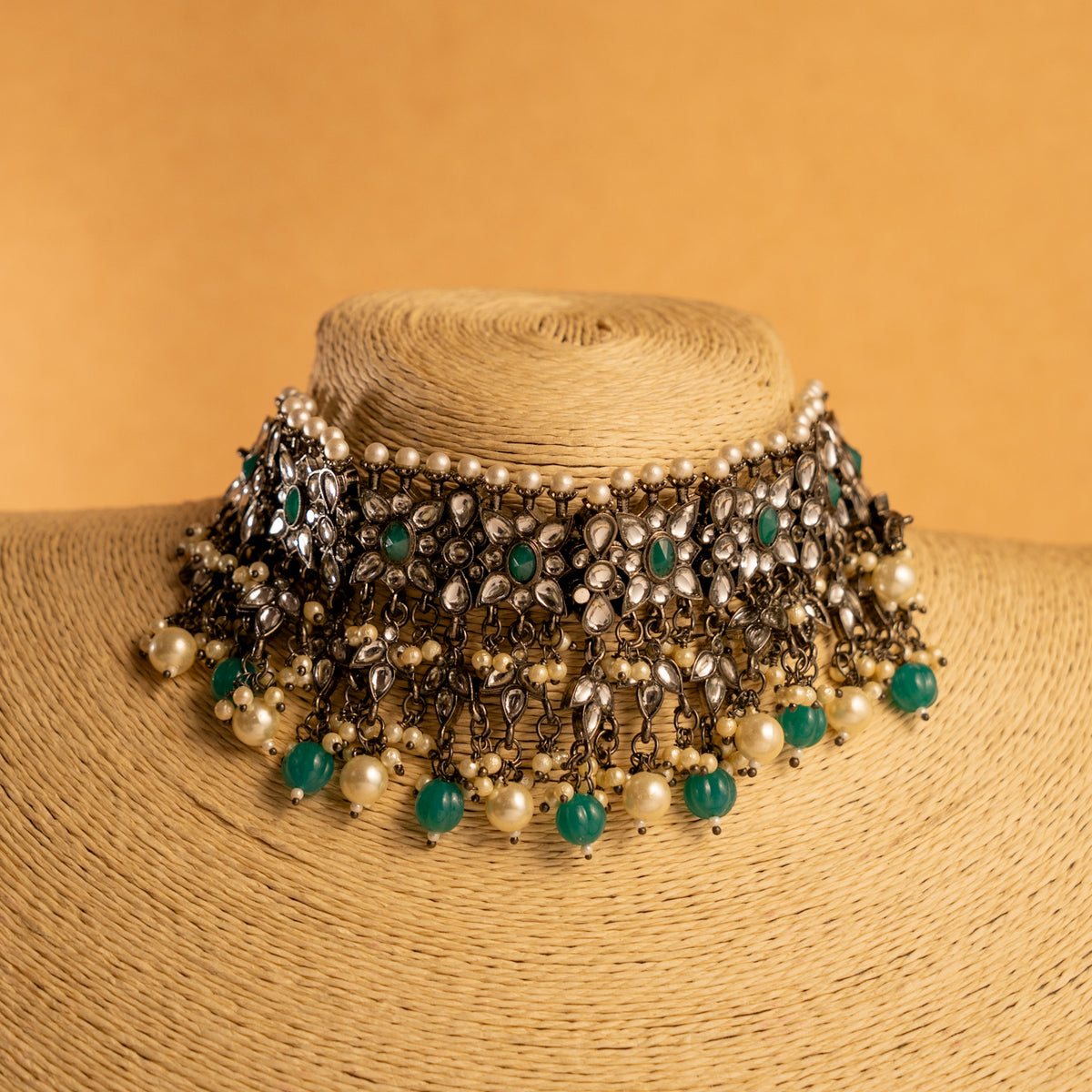 PRISMA FAUX KUNDAN NECKLACE SET WITH EARRING AND TIKKA NL234