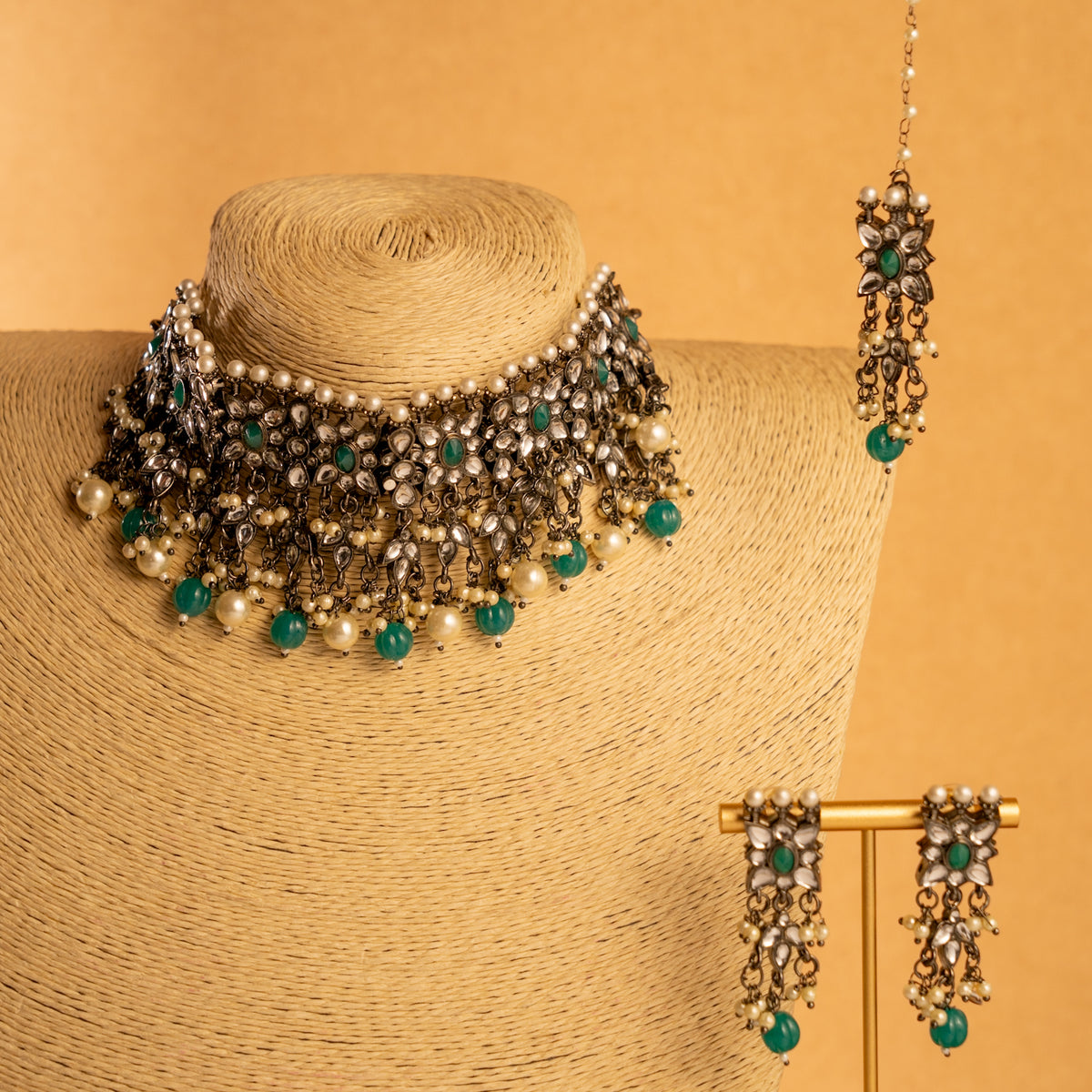 PRISMA FAUX KUNDAN NECKLACE SET WITH EARRING AND TIKKA NL234