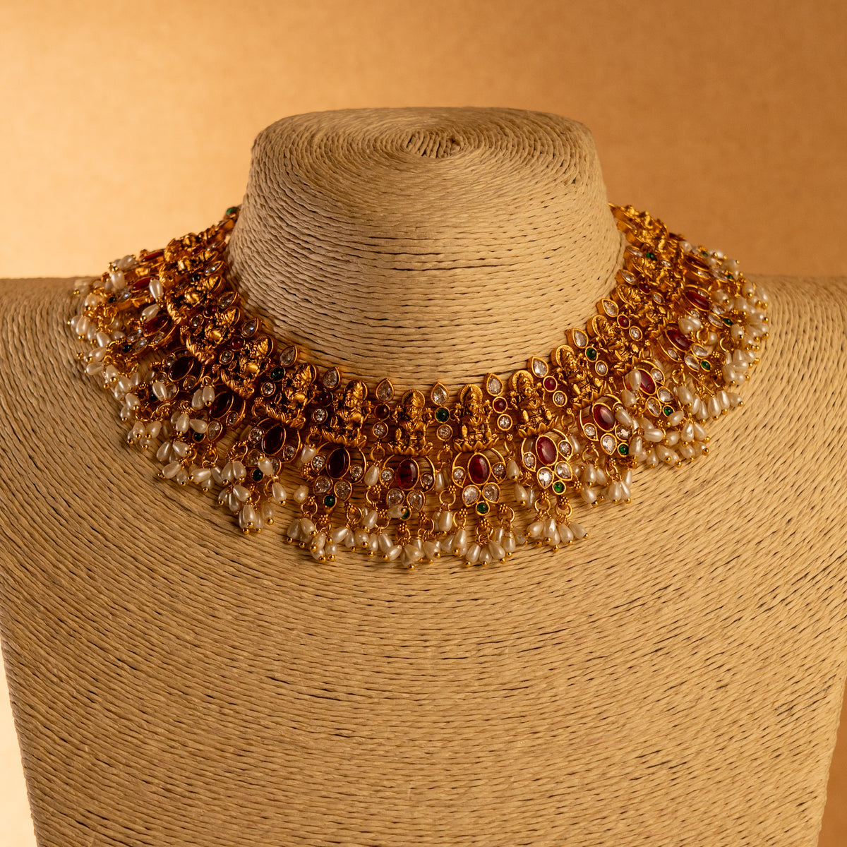 VARAHIGOLD TONED ANTIQUE FINISH TEMPLE NECKLACE WITH EARRINGS NL178