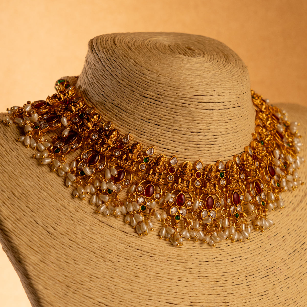 VARAHIGOLD TONED ANTIQUE FINISH TEMPLE NECKLACE WITH EARRINGS NL178