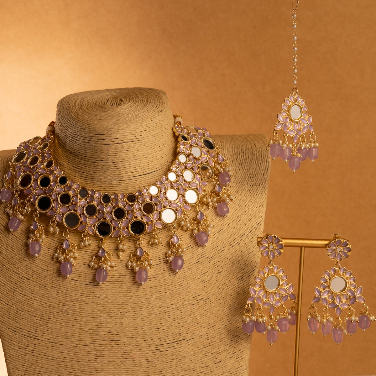 FIZA MIRROR SEMI HANDMADE NECKLACE WITH EARRING AND TIKKA NL221