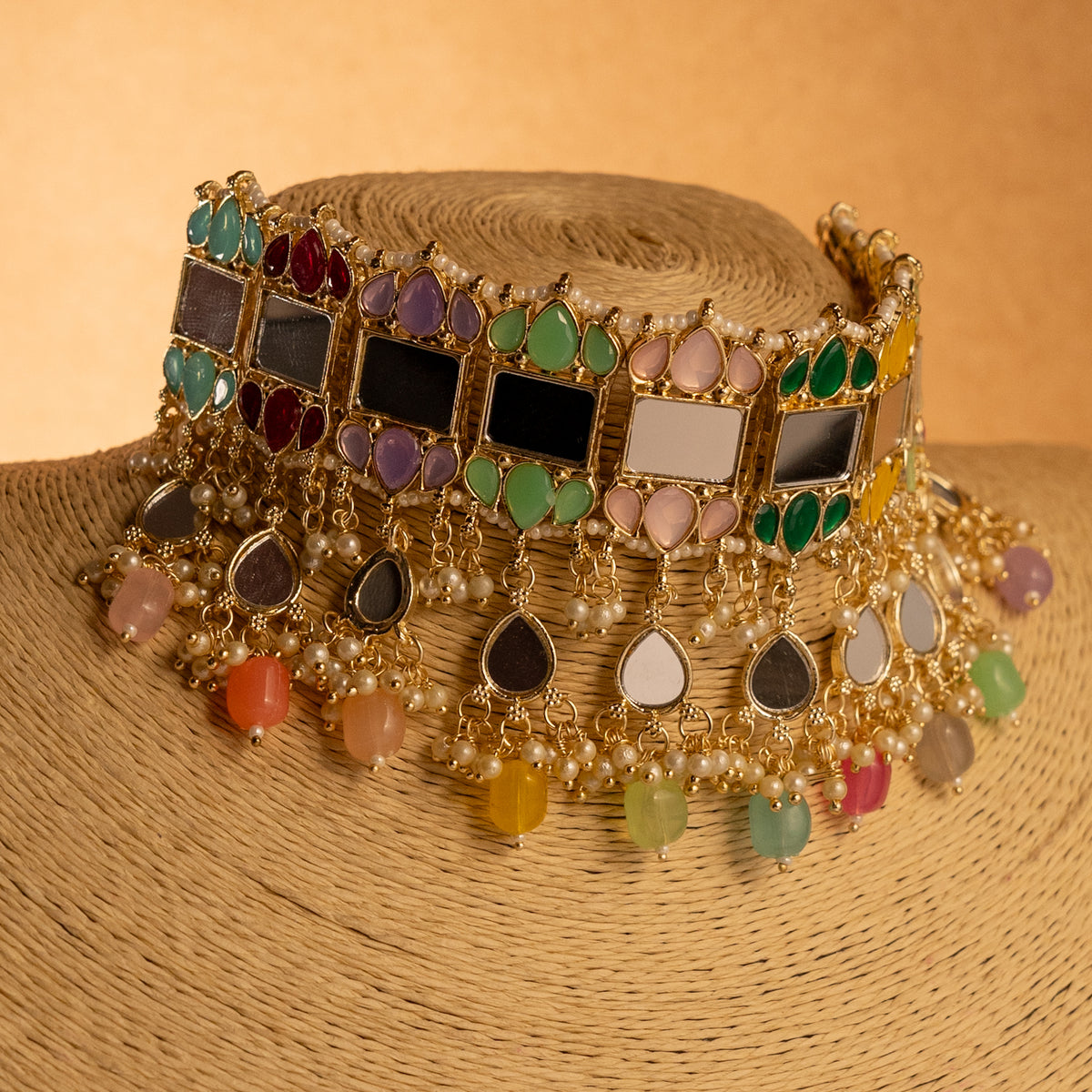 DAKSHA MIRROR SEMI HANDMADE NECKLACE WITH EARRING AND TIKKA NL220