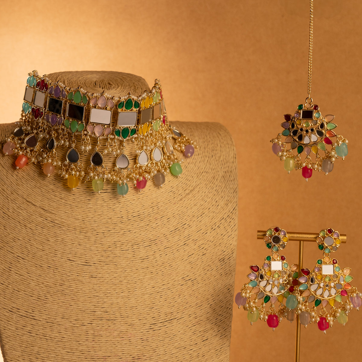 DAKSHA MIRROR SEMI HANDMADE NECKLACE WITH EARRING AND TIKKA NL220