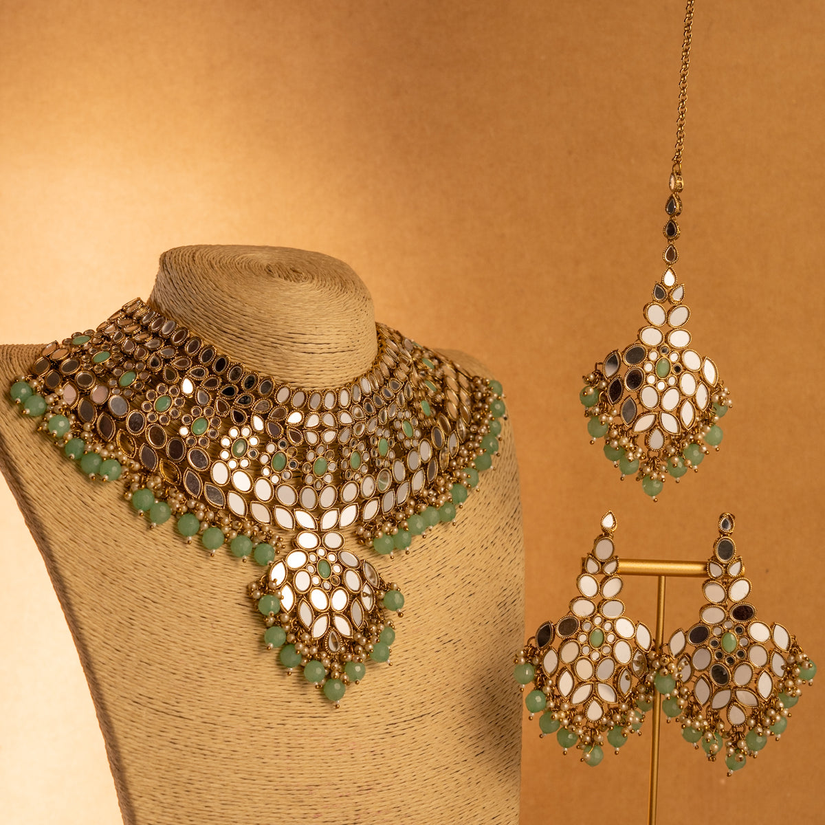 KIRANYA MIRROR SEMI HANDMADE NECKLACE WITH EARRING AND TIKKA NL203