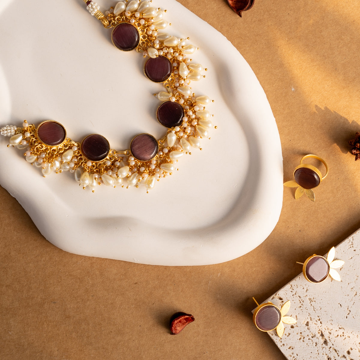 MOXIE SET RING EARRING AND NECKLACE HANDMADE GOLD TONED PREMIUM NECKLACE/NECKPIECE EARRING SET NL31