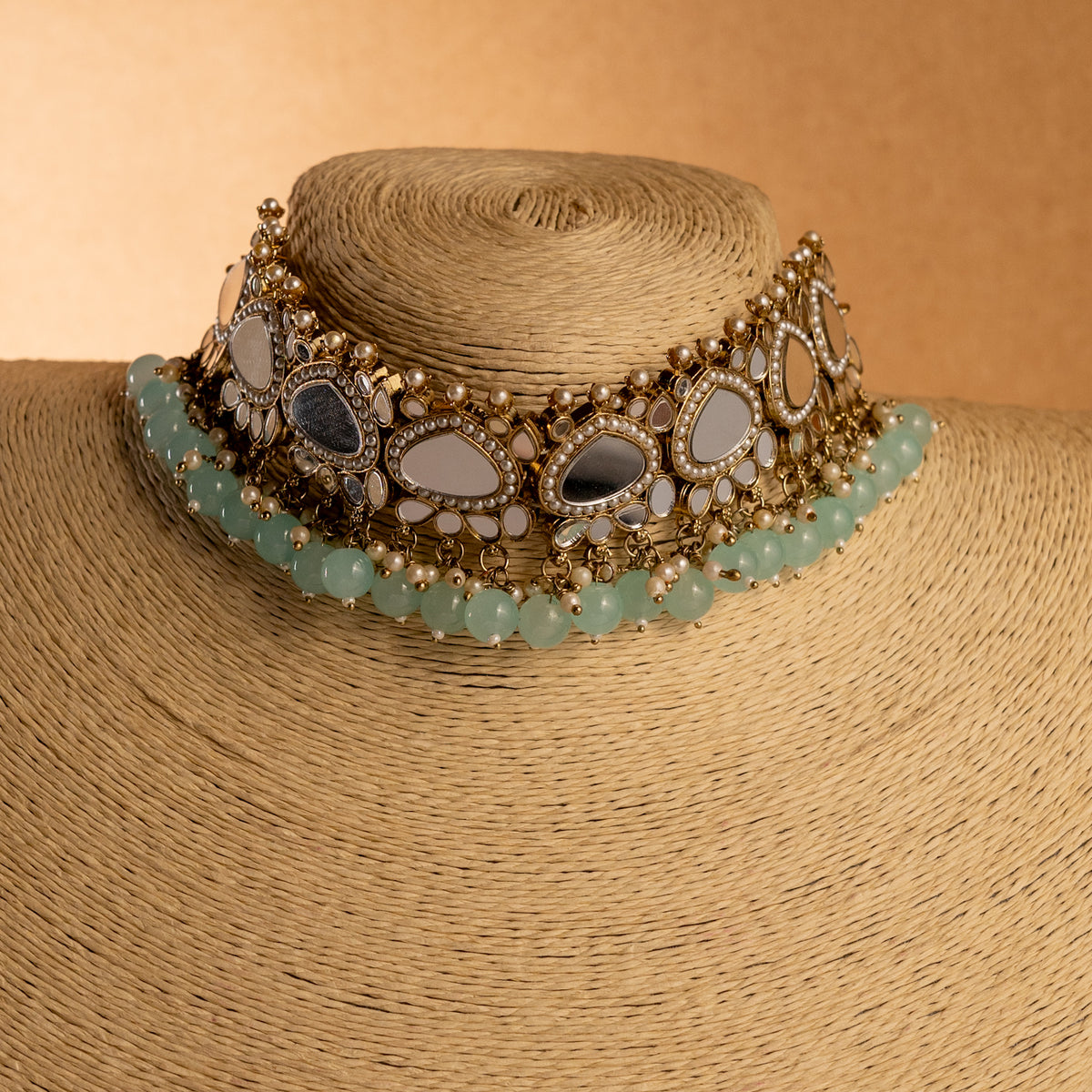 THILAPI MIRROR SEMI HANDMADE NECKLACE WITH EARRING ,TIKKA AND JHUMAR NL219