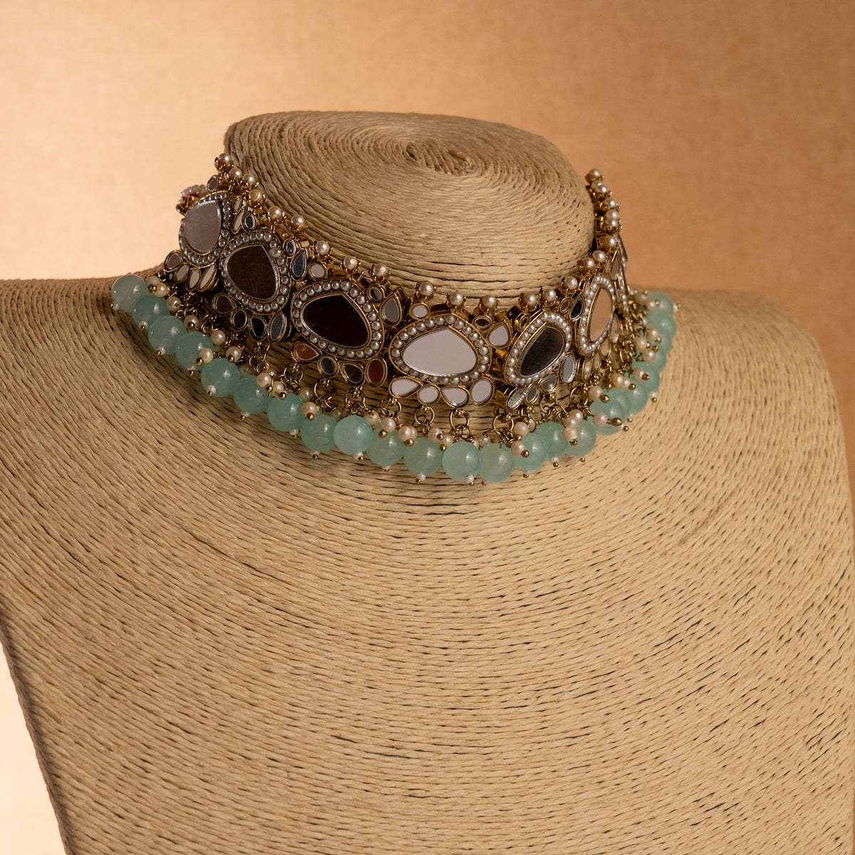 THILAPI MIRROR SEMI HANDMADE NECKLACE WITH EARRING ,TIKKA AND JHUMAR NL219