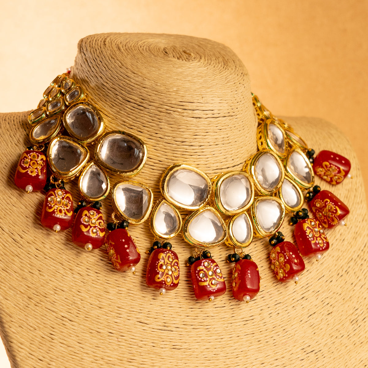 SHAJINA KUNDAN BRIDAL BEADED HANDMADE HAND PAINTED ANTIQUE NECKPIECE NECKLACE NL66