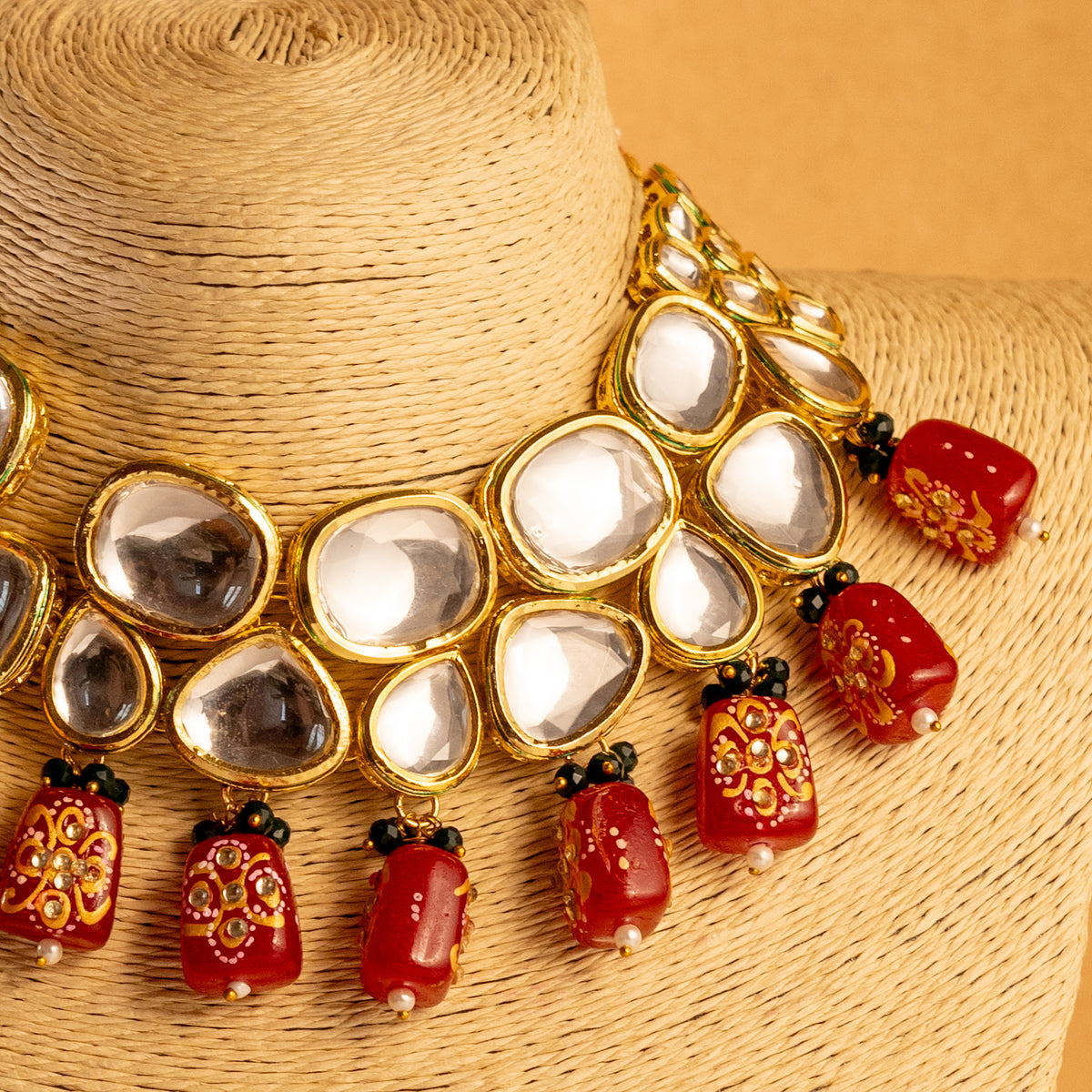 SHAJINA KUNDAN BRIDAL BEADED HANDMADE HAND PAINTED ANTIQUE NECKPIECE NECKLACE NL66