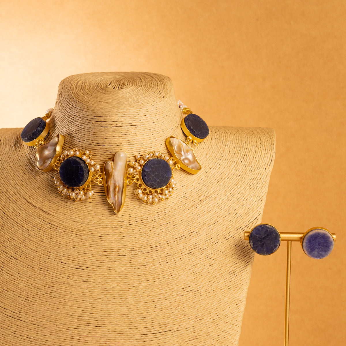 PRITHA  RAW AND RUSTIC FINISH MOP AND RAW STONE HANDMADE GOLD TONED NECKLACE NL82